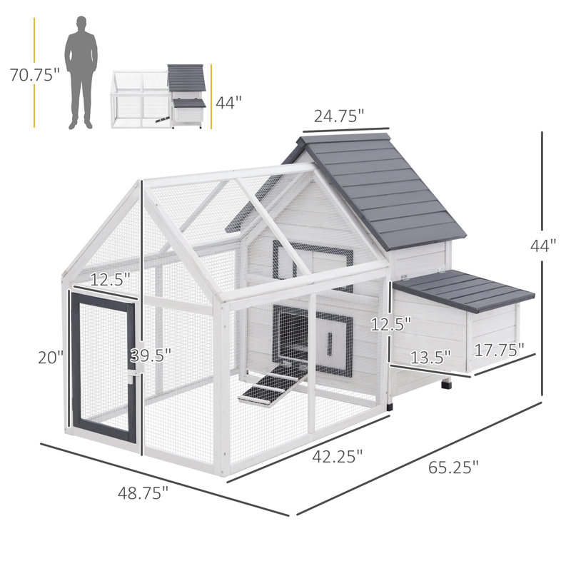 Gray and White Wooden Chicken Coop with Nesting Box and Ramp