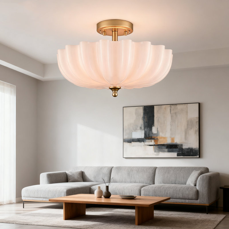Plafonnier moderne semi-encastré avec abat-jour en forme de fleur laiteuse, luminaire laiton doré brossé pour le salon, la chambre à coucher, le vestibule, le couloir et la cuisine