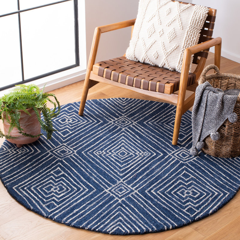 Elginpark Hand Tufted Wool/Cotton Geometric Rug in Ivory/Navy, Round 5'