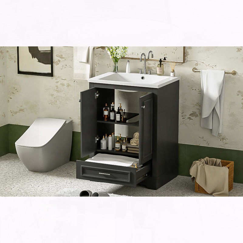 Ensemble de meuble-lavabo autoportant 24 po avec lavabo en céramique et tablette réglable 24 po, Noir