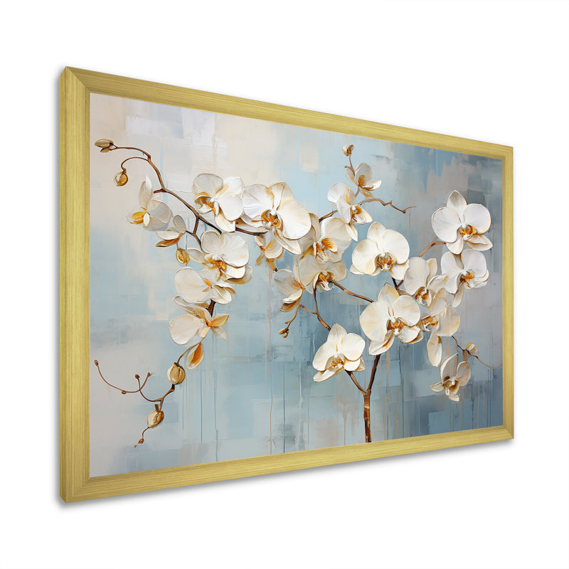Orchidée beige et or I - impressions sur toile, Cadre photo doré simple, H 34 po x l 44 po x P 1,5 po