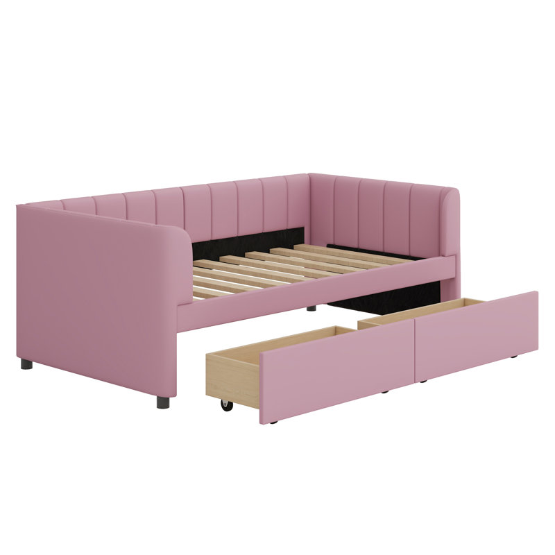 Lit de jour rembourré avec dossier ergonomique et 2 tiroirs, Rose