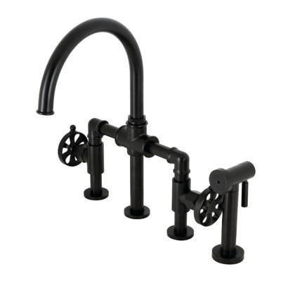 Kingston Brass Two-Handle 4-Hole Deck Mount Industrial Style Bridge Kitchen Faucet with Brass Side Sprayer