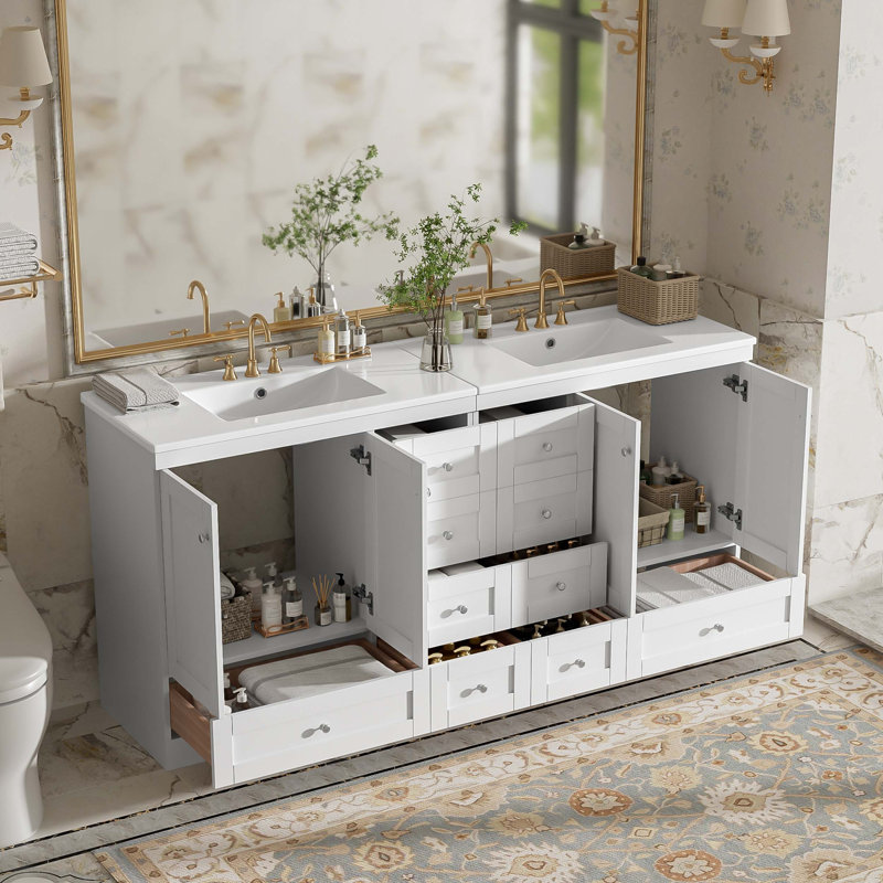 Meuble-lavabo autoportant de 72 po avec lavabo en céramique, tiroirs et portes à fermeture en douceur, design minimaliste moderne, grand espace de rangement