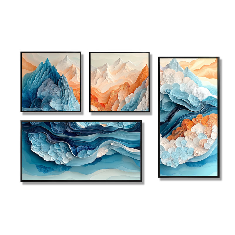 Biomorphism Glacial Abstract Landscape III - Art mural abstrait 4 pièces, Reproduction encadrée sans passe-partout, Noir