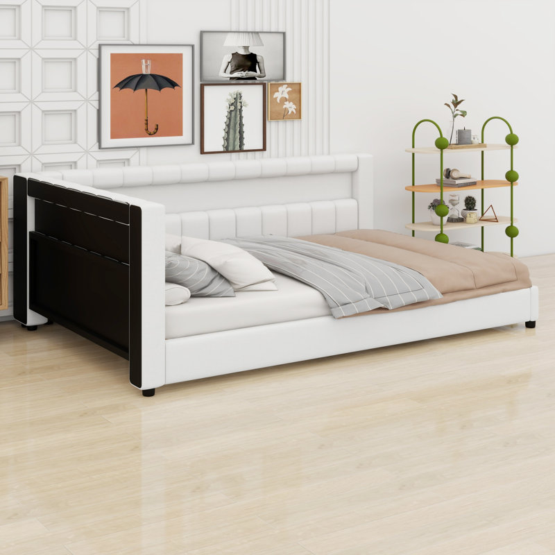 Comfort Upholstered Platform Bed with LED Lights and USB Charging Station, Full XL, Cream White