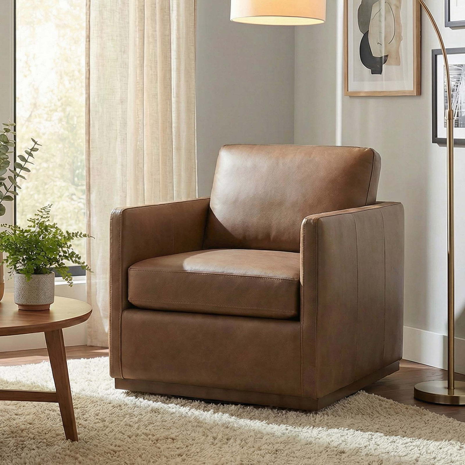 Bobbi Genuine Leather Swivel Armchair, Marseille Camel Genuine Leather