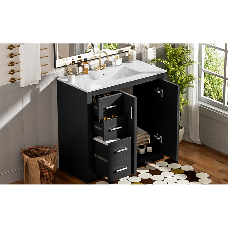 Armoire de salle de bain 36 po avec lavabo en céramique, charnières, 3 tiroirs, rangement spacieux, motif de rainure unique, poignée en métal exquise, glissière de tiroir lisse, style rétro, facile à assembler pour 36
