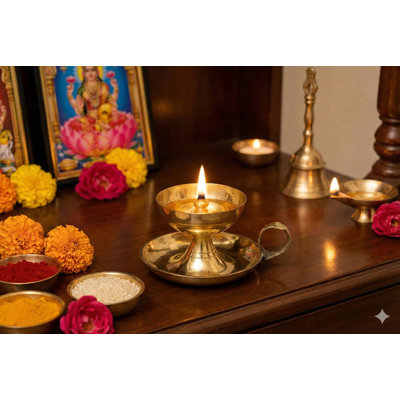 2" Handmade Brass Handled Puja Lamp Oil Light with Ergonomic Grip - Functional Aarti Ceremony Compact Spiritual Home Decor Under $25 Made in India