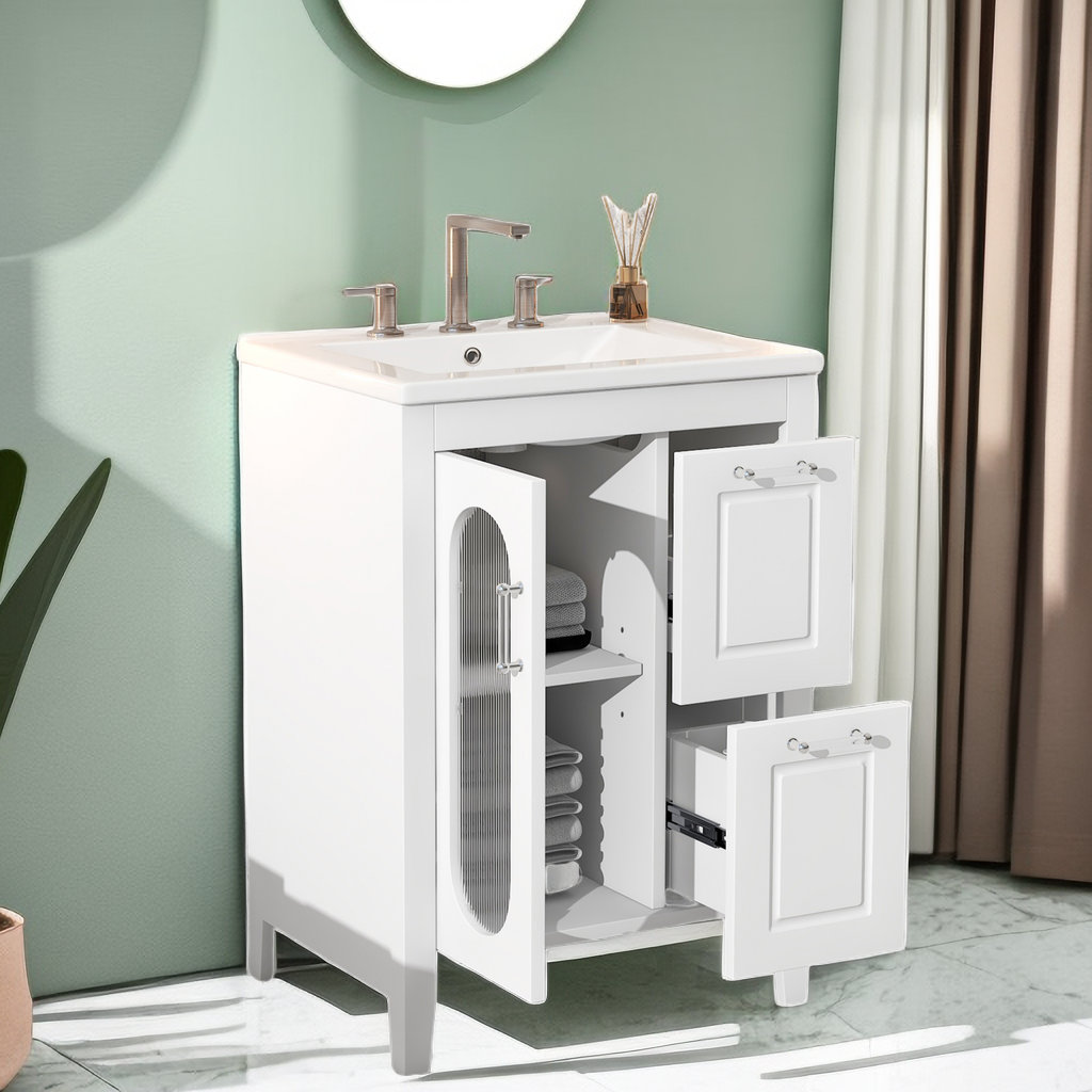 24 Modern Stylish Bathroom Vanity with Porcelain Sink and Open Shelves,White - ModernLuxe