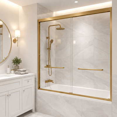 56" - 60" W x 58" H Double Sliding Shower Door, Framed Bypass Shower Door with 1/4-in (6mm) Tempered Glass and Quiet Rollers, Stainless Steel Accessories