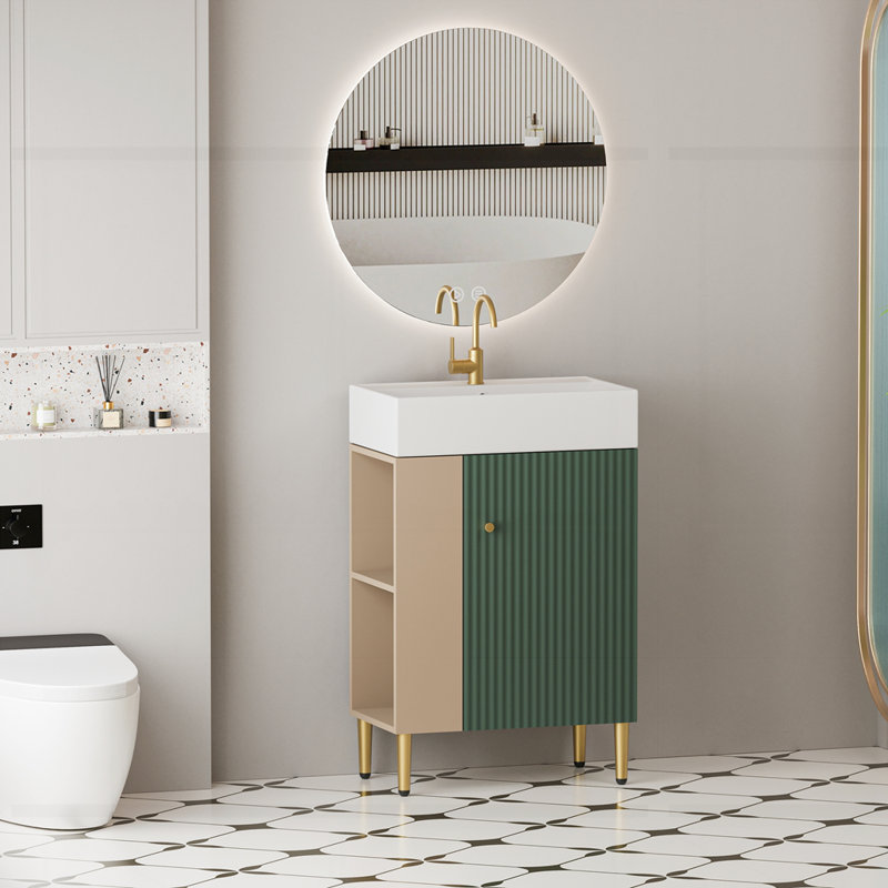 Meuble-lavabo à tablettes ouvertes avec lavabo en céramique et porte à fermeture douce, Vert