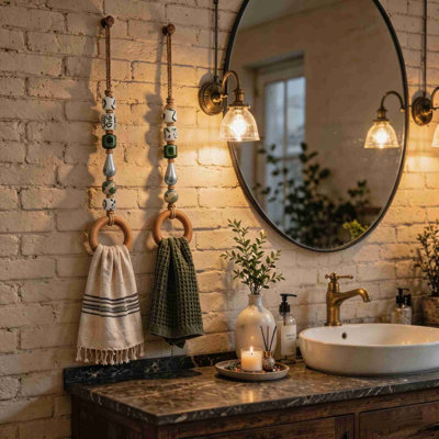 Porte-serviettes décoratif suspendu en acrylique avec anneau en bois et perles - Porte-serviettes en perles de bois pour salle de bain et cuisine - Idée cadeau vintage villa