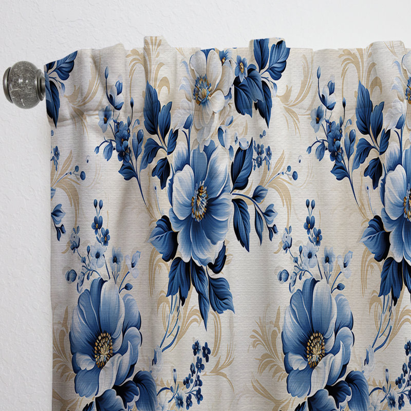 Panneaux de rideaux floraux à motif de treillis camée bleu cobalt I, L 52 po x L 90 po