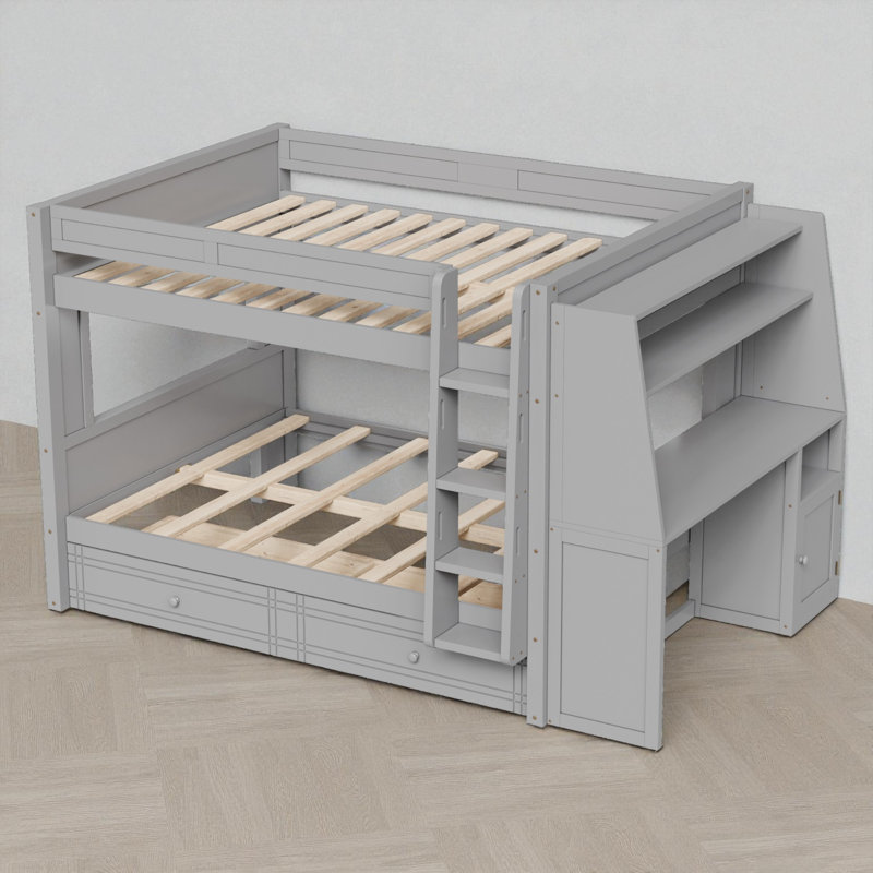 Lit superposé double au dessus d'un lit double avec bureau et rangement, Gris