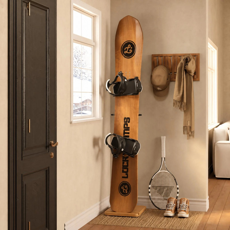 Solid Wood Base Freestanding Snowboard Floor Display Stand, Adjustable Vertical Single Snowboard Storage Rack 