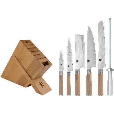 Shun Classic Blonde 7 Piece Block Set, Includes 5 Classic Blonde Knives, Honing Steel and Knife Block, Handcrafted Japanese Knife Set, Damascus Stainless Steel Cladding, Pakkawood Handle