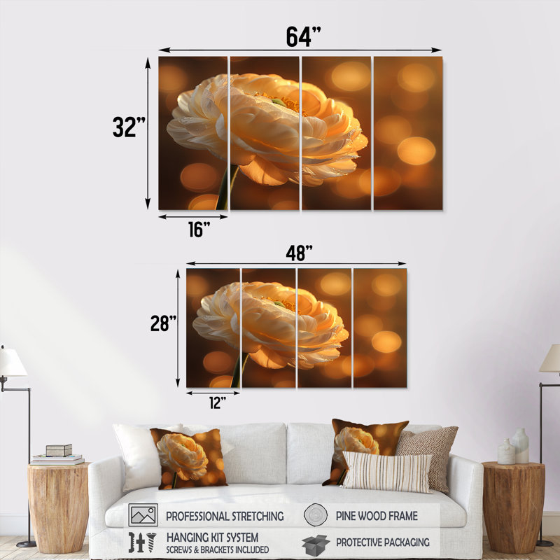 Hour Glow Golden Ranunculus - ensemble d'art mural sur toile Renoncule, H 28 po x l 48 po