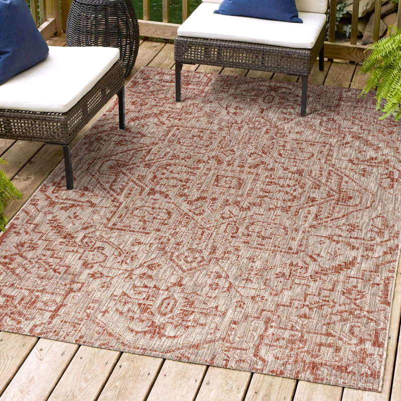 Tapis intérieur / extérieur rouge / taupe Truman, Rectangle 9 pi x 12 pi