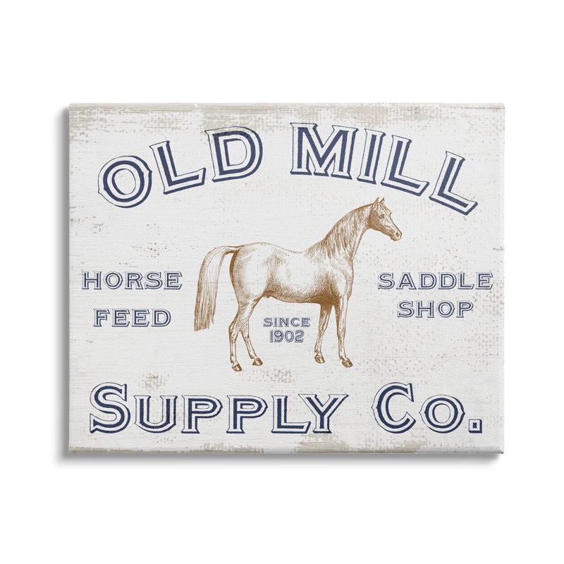 Ancienne publicité d'alimentation du cheval Old Mill, Toile tendue, H 36 po x l 48 po x P 1,5 po