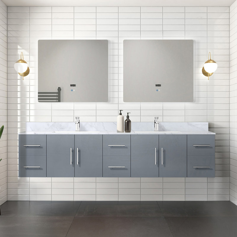 Meuble-lavabo double l 84 po x P 22 po, comptoir en marbre de Carrare, ensemble de robinet et miroirs à DEL 36 po, Gris foncé