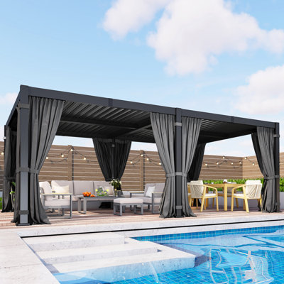 12×20Ft Pergola With Curtains & Netting, Dark Grey
