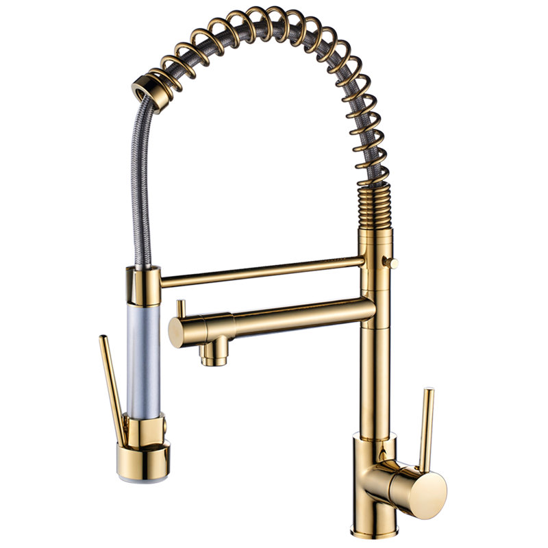 Robinet d'évier de cuisine luxueux en or brossé avec bec rétractable, poignée simple, conception à bec arqué haut pour plus de commodité