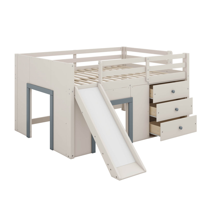 Lit mezzanine double pleine grandeur avec glissade, cadre de lit en bois avec trois tiroirs de rangement et deux portes pour enfants, garçons et filles
