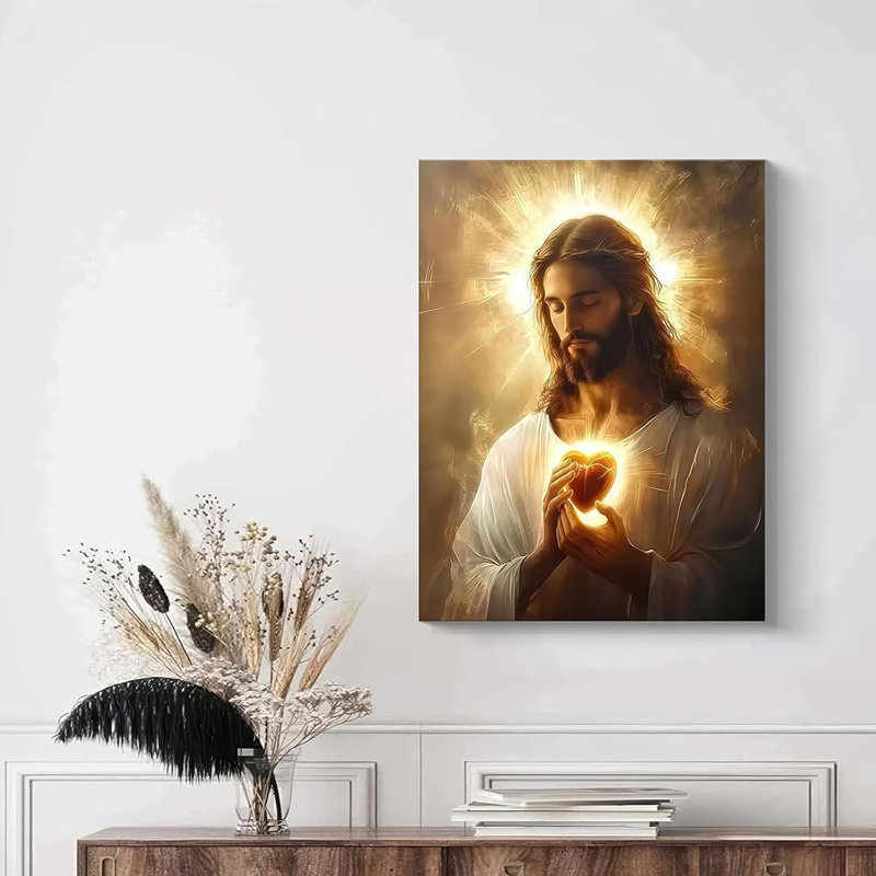 Framed Sacred Heart Of Jesus Canvas Wall Art – Divine Mercy Picture, Jesus Christ Portrait Poster Print, Christian Religious Artwork For Living Room, Bedroom, Prayer Room – Ready To Hang