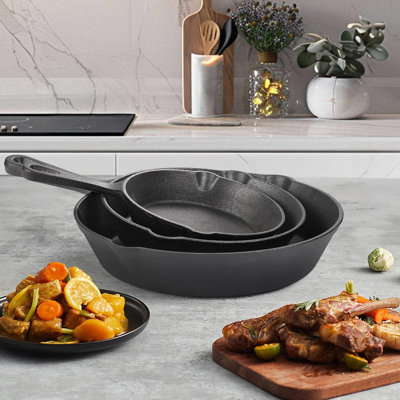 Ensemble de batterie de cuisine en fonte 3 pièces: poêle antiadhésive robuste, poêle à frire multifonctionnelle, poêle et plat de cuisson, convient à la cuisine et à l'extérieur - parfait pour la cuisson du steak et du poulet.