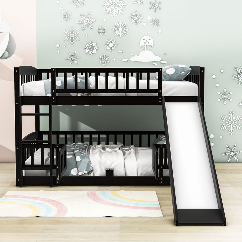 Harveen Wooden Bunk Bed with Slide and Fence by Harriet Bee, Full over Full, Espresso