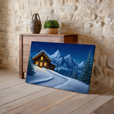 Toile, "Cozy Wooden Cabin Nestled In A Serene Snowy Landscape", art mural illuminé par une lumière dorée chaleureuse émanant de ses fenêtres, art mural