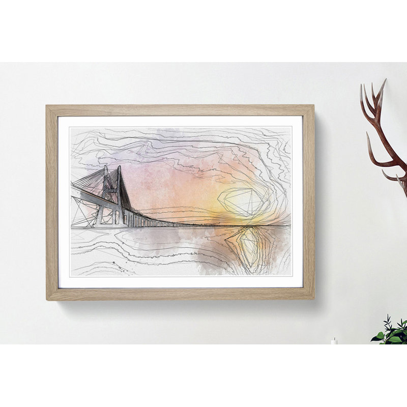 Vasco da Gama Bridge in Portugal in Abstract - Picture Frame Graphic Art Print, 35cm H x 50cm W x 2cm D, Oak