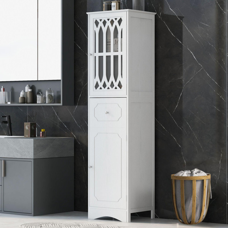 63.8" Freestanding Linen Cabinet With Acrylic Door & Adjustable Shelf & Drawer, Tall Bathroom Cabinet, Wood Storage Cabinet For Living Room Kitchen Office