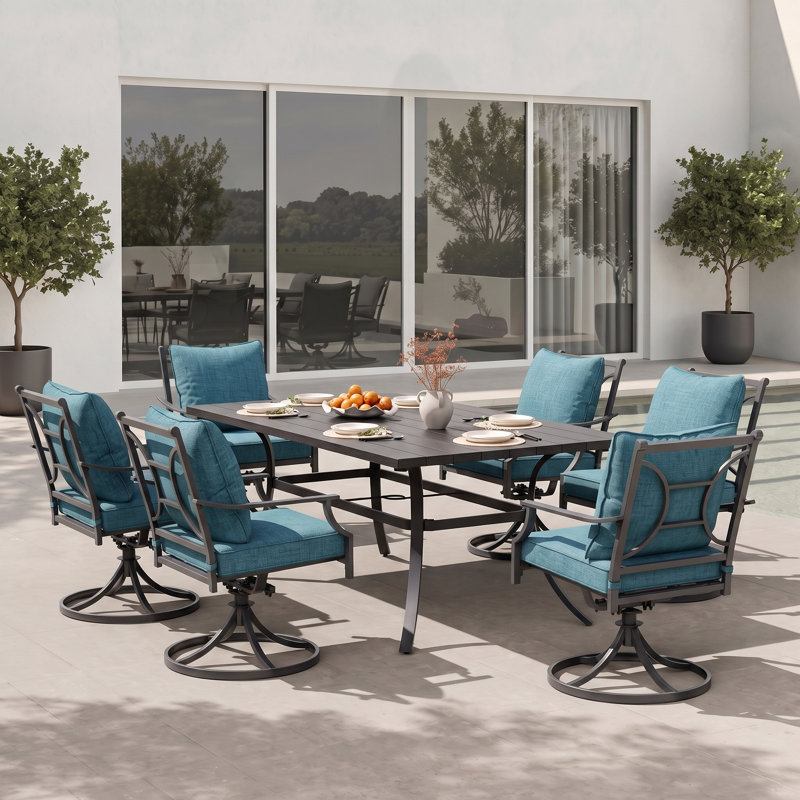 Ensemble repas d'extérieur en métal 7 pièces avec coussins, 7 Pieces: Table, 6 Swivel Chairs