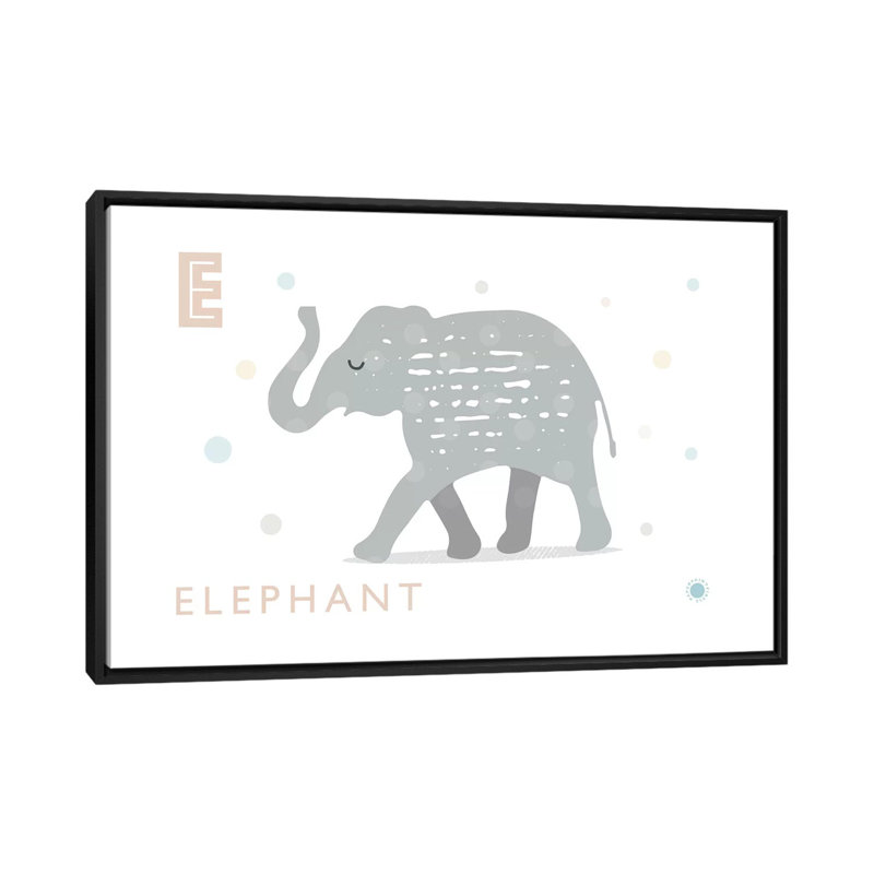 E Is for Elephant - impression d'art graphique, H 40 po x l 60 po x 1,5 po, Pas de tapis, Toile avec cadre noir
