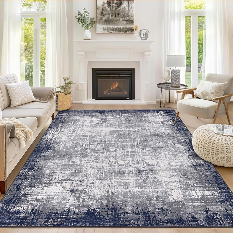 Tapis de salle à manger lavable à tapis moderne à bordure abstraite, à poils courts, antidérapant, pliable et antidérapant (bleu marine / gris)