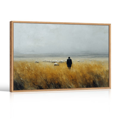 Christian The Lord is My Shepherd Framed Canvas Wall Art, Shepherd Guarding Flock in Vast Golden Field at Misty Dawn, Faith-Based Decor with Wood Frame