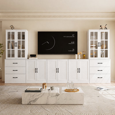Meuble télé moderne avec bibliothèque à 3 niveaux pour téléviseurs jusqu'à 75 pouces, meuble télé de style campagnard avec 3 armoires de rangement