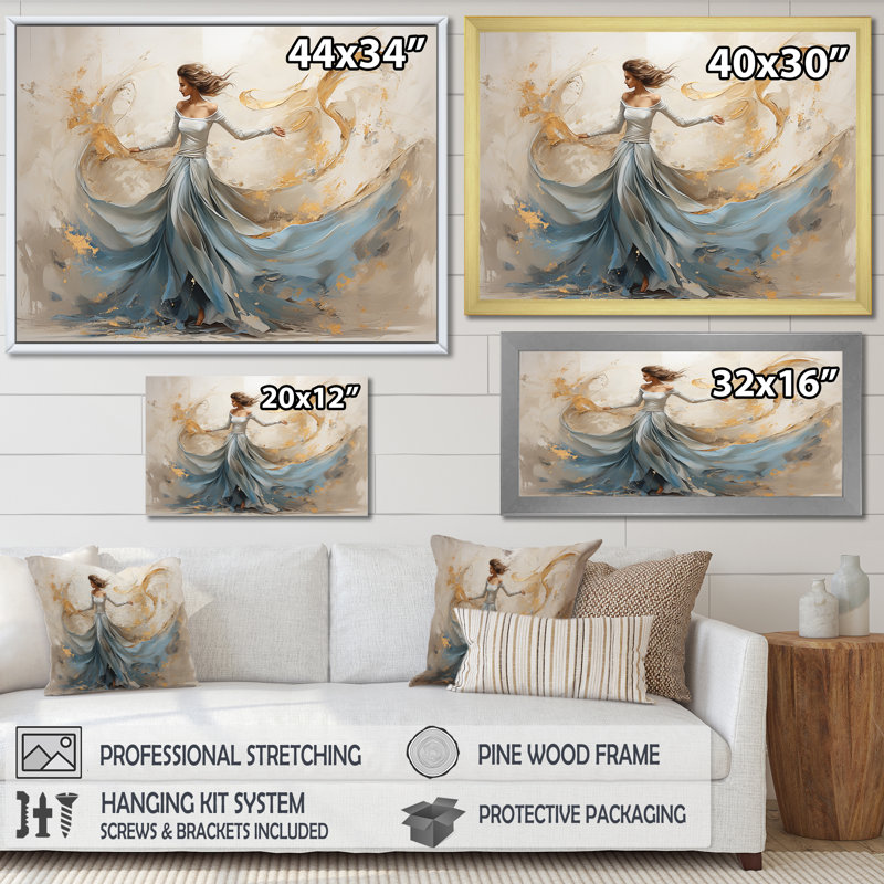Minimalisme blanc et bleu Dance I - art mural encadré de danse, Cadre flottant noir, L 44 po x H 34 po x P 1,5 po