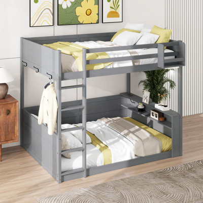 Queen Over Queen Wooden Bunk Bed With Built-In Shelves, Storage Box, LED Light And USB Charging Station For Kids Teens Adults