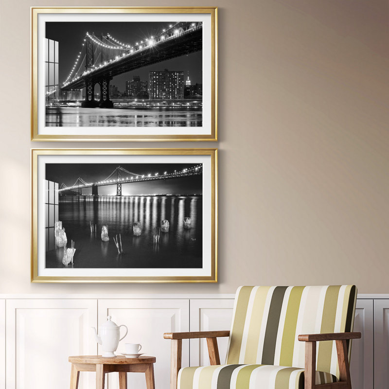 East River Lights - ensemble de 2 reproductions d'art sur toile encadrées, H 26,5 po x l 73 po x P 1,5 po, Or, Pas de tapis