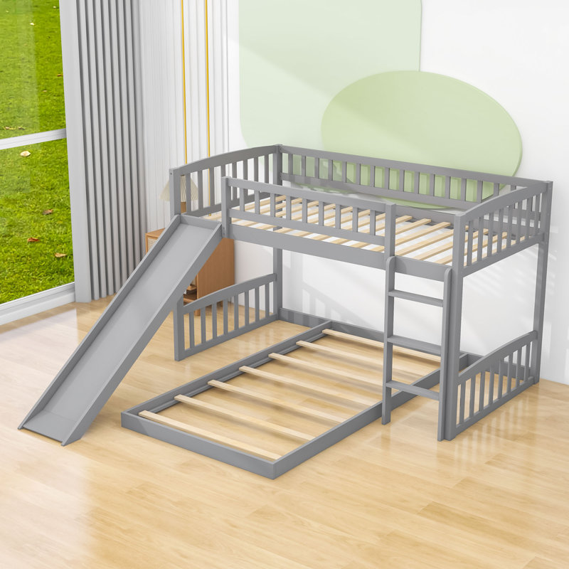 Evelene Twin Over Twin L-Shaped Bunk Beds with Slide, Gray