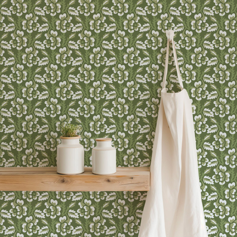 Thorn & Blossom - Wallpaper, Garden Green, Premium Paper