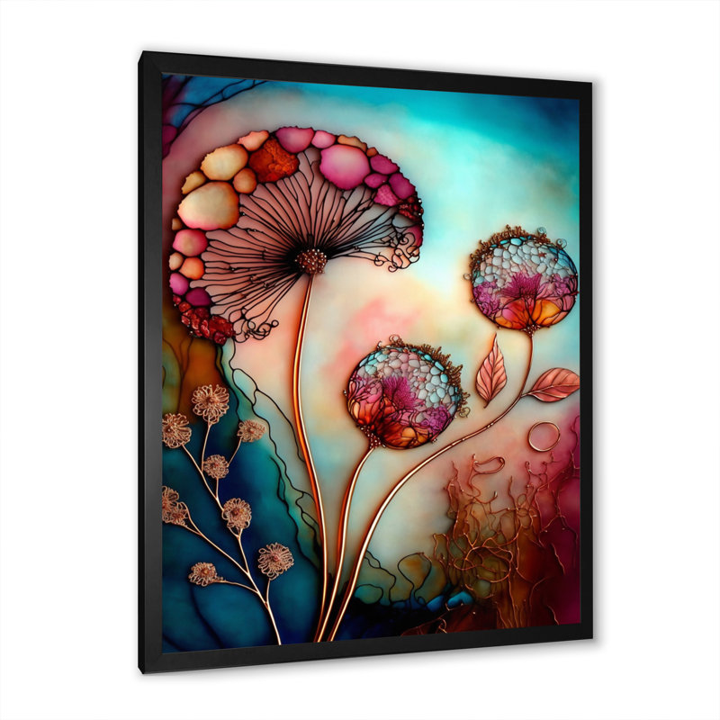 Magenta Retro Flowers - reproduction sur toile, Impression noire sur toile encadrée, H 32 po x l 24 po x P 1 po