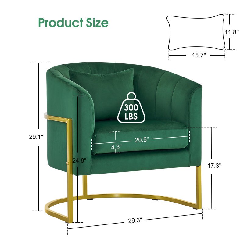 Jaquaisha Velvet Accent Barrel Chair with Pillow, Green Velvet