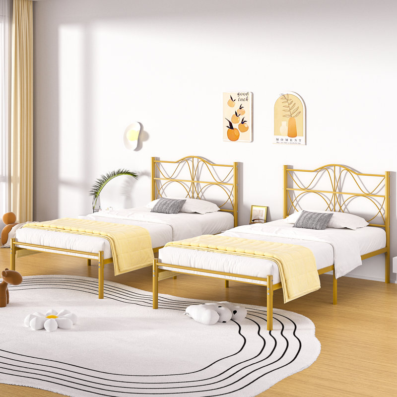 Chelby Set of 2 Twin Size Bed Frame Metal Platform Bed with Curved Design Headboard Strong Slats Support, Gold