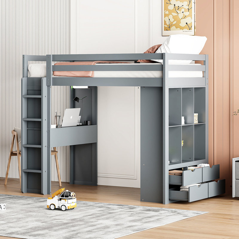 Lit mezzanine simple gris avec tablettes bien agencées, bureau et DEL, Gris, Lit simple