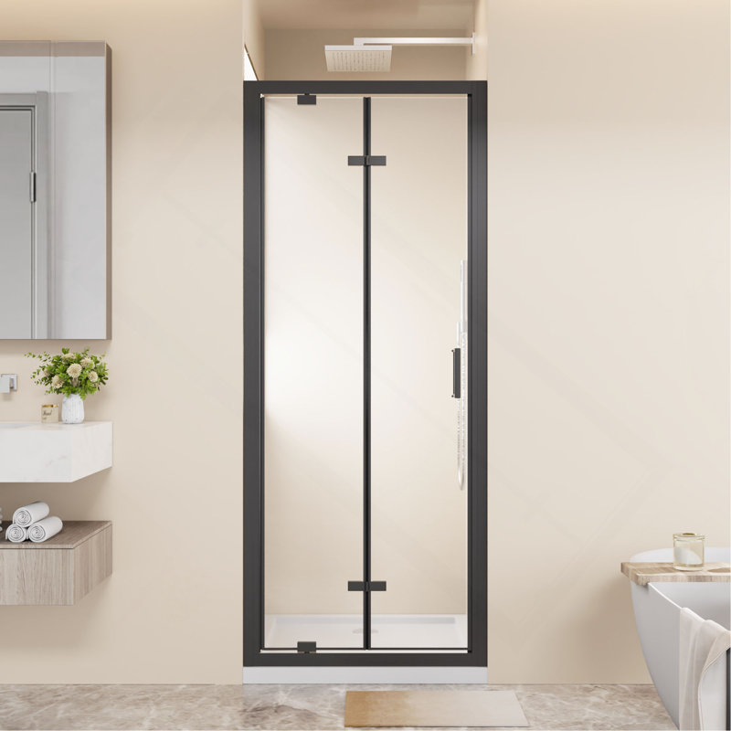 Cabine de douche pliante à cadre pivotante à double porte pliante, verre trempé transparent de 1/4 po avec poignée en acier inoxydable, installation réversible, noir