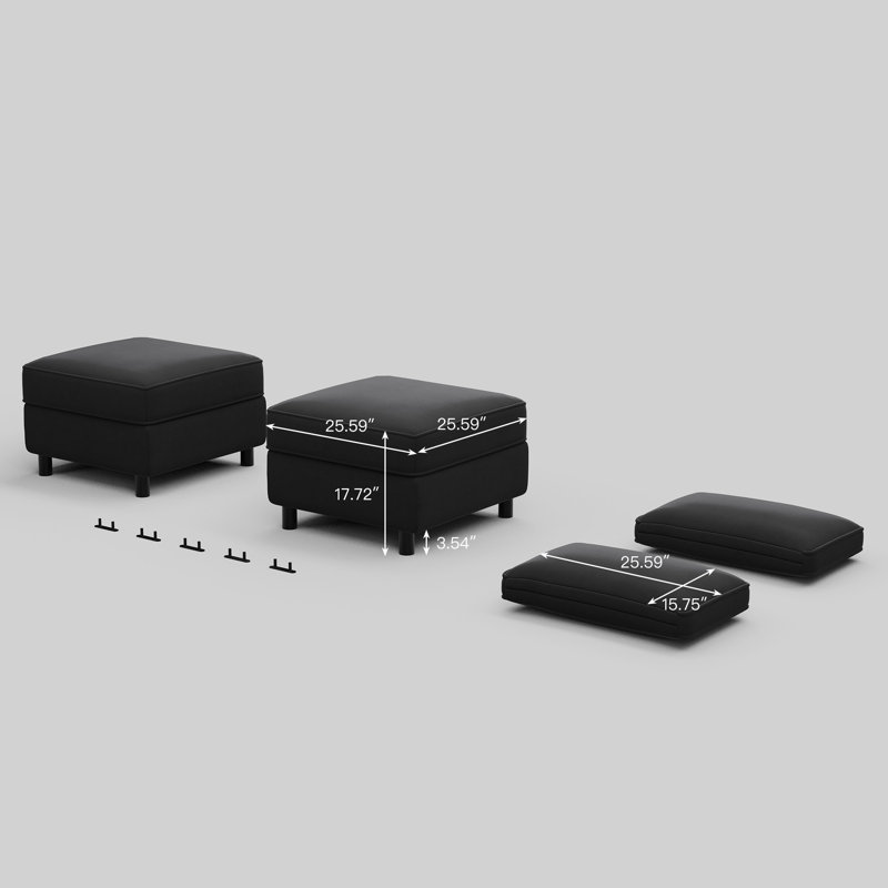 Velvet Fabric Storage 2 Ottomans For Modular Sofa & 2 Cushions, Black Velvet